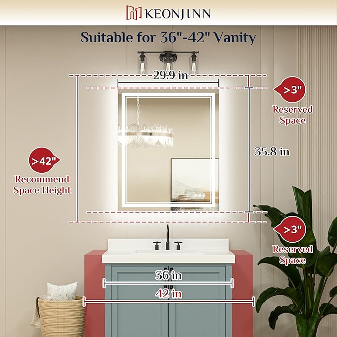 Keonjinn LED Bathroom Mirror, Lighted Vanity Mirror with Lights, 30 x 36 Inch, Dimmable, Anti-Fog, IP54, 6000K, Wall Mounted