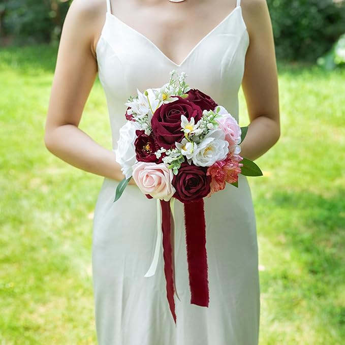 ponatia Burgundy Wedding Bouquets for Bride Bridesmaid, Blush Artificial Prom Flowers Bouquet for Weddings, Ceremony, Anniversary (Burgundy & Blush)