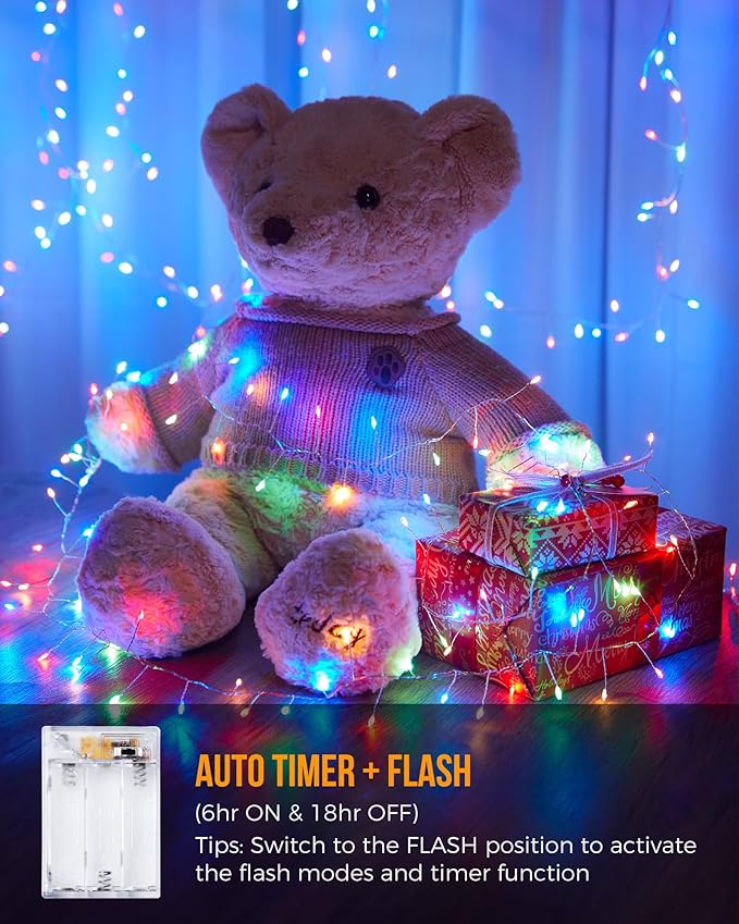 Battery Operated Fairy Lights, 10Feet 120LEDs Firecracker String Lights Waterproof Silver Wire Starry Firefly Lights for DIY Wreath Home Weeding Indoor Outdoor Christmas Decorations, Multicolor