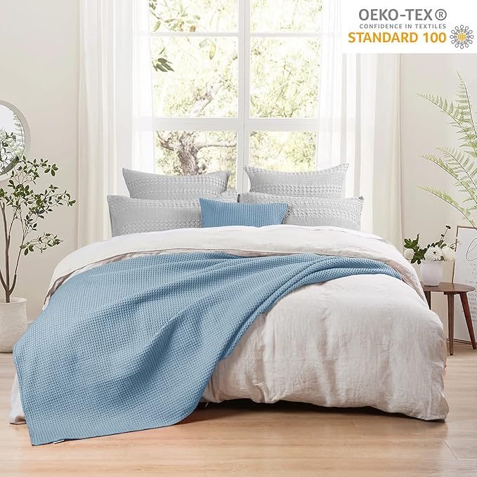 PHF 100% Cotton Waffle Weave Blanket King Size for Bed,Snag Proof Lightweight Breathable Moisture-wicking Throw for Couch,Great for Layering in Cold Weather,Machine Washable,Home Decor Gift-Dusty Blue