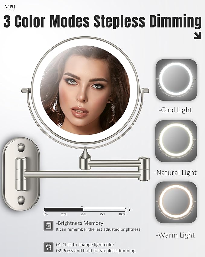 Wall Mounted Makeup Mirror with Light, 20X/1X 8'' Double Sided LED Magnifying Bathroom Lighted Vanity Mirror with Magnification, 3 Color Light up Touch Dimmable Extended Arm 360 Rotation
