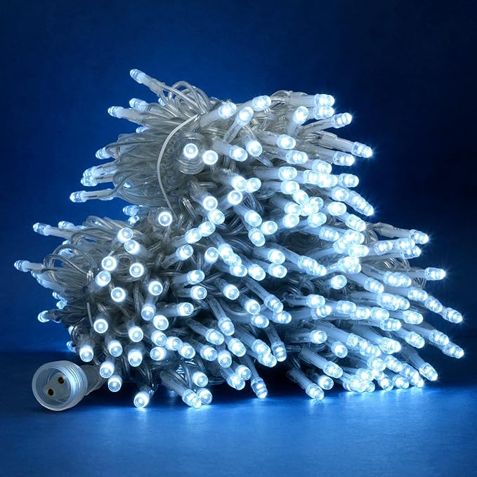 YULETIME 100 ft 300 Count Cool White LED String Lights with Adapter, Clear Wire Wide Angle 5mm Christmas Light (Cool White)