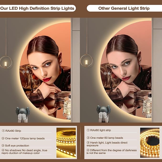 Half Moon Mirrors for Wall, LED Bathroom Mirrors with Lights-Anti-Fog Wall Mirror,Touch Switch Backlit Bathroom Mirror-3 Colors-Dimmable Brightness, Memory