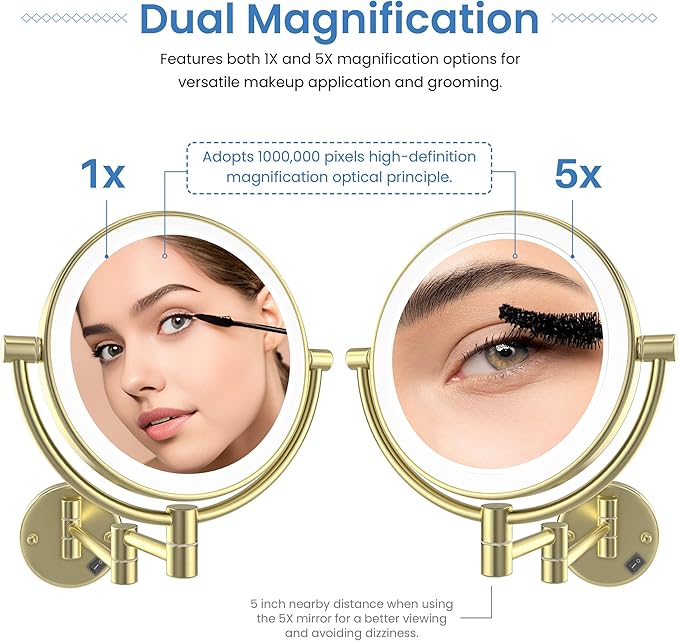 KIBI Circular Wall Mount Makeup Mirror with LED Lights, Dual-Sided 1x/5x Magnifying Mirror with Adjustable Arm, 360° Swivel, Solid Brass Construction for Durability and Style (Brushed Gold, KMM101)