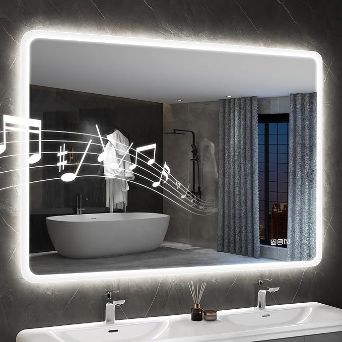 S'bagno 32"x24" LED-Lighted-Bathroom-Mirror, Wall-Mounted-Dimmable-Vanity-Mirror, Bluetooth Speaker Anti-Fog Waterproof Smart Touch Button 3 Colors Bathroom-Lighted-Mirror, Vertical/Horizontal