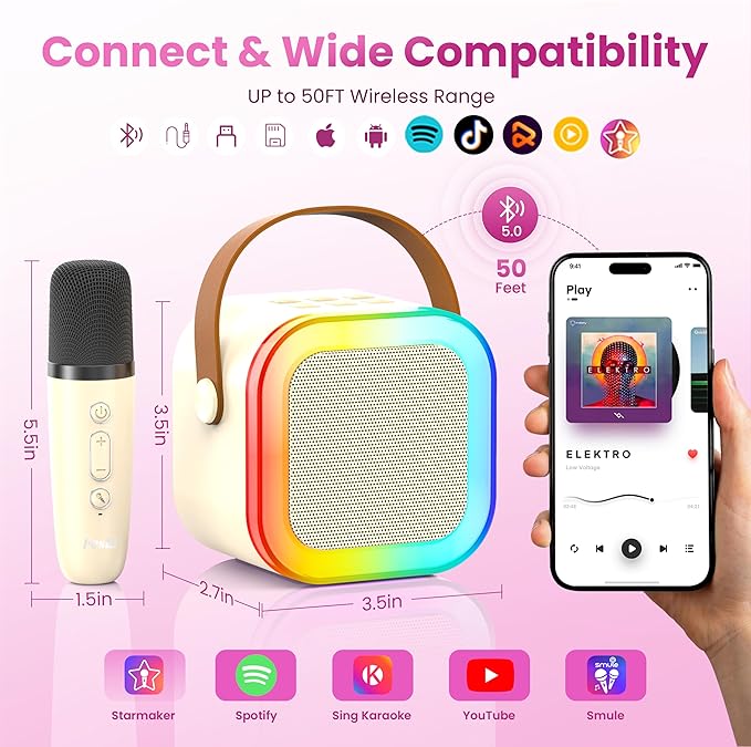 Mini Karaoke Machine for Kids Adults, Kids Toys Karaoke Microphone Singing Speaker, Karaoke Player with 2 Wireless Mic Party, Birthday Gifts for Girls Ages 4, 5, 6, 7, 8, 9, 10, 12+ Years Old(Beige)