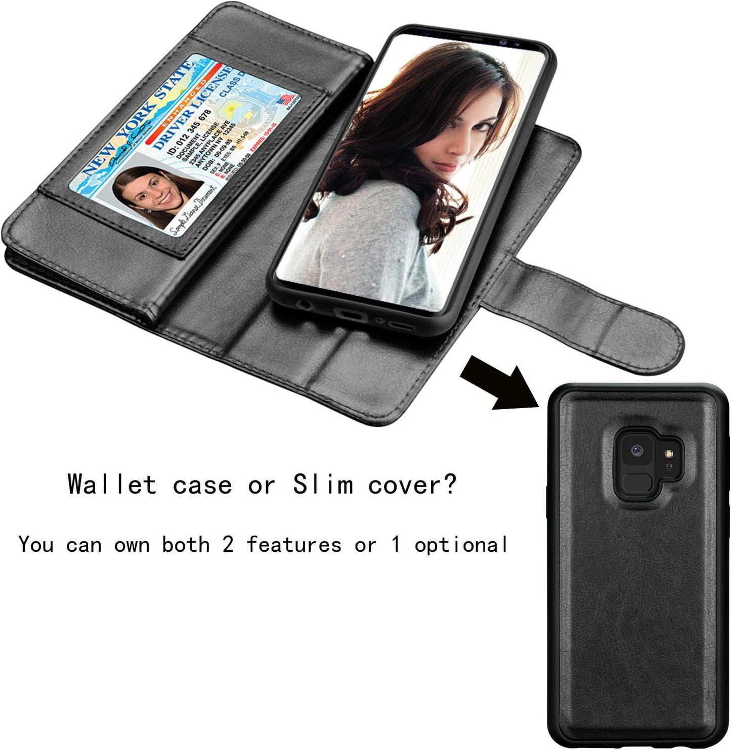 NJJEX PU Leather Wallet Case for Galaxy S9, Magnetic Folio Flip Cover, 9 Card Slots, Kickstand, Wrist Lanyard, Black