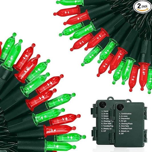 KOUQIYA Battery Operated Christmas Lights 2 Pack, 17ft 50 LED Mini String Light with Auto-Timer 8 Modes Waterproof Tree Lights (Red&Green)