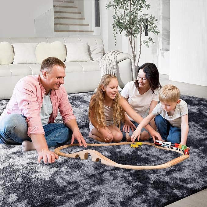 Ultra Soft Rug for Living Room, 8X10 Fluffy Shag Area Rug for Bedroom, Modern Shaggy Carpet Fuzzy Rug for Teens Dorm Nursery Home Decor Aesthetic, Upgrade Anti-Skid Durable, Tie Dye Black and Grey