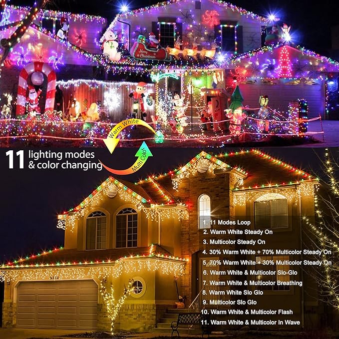 Brizled Christmas Icicle Lights, 29ft 360 LED Outdoor Icicle Lights Color Changing with Remote, 11 Function Connectable Christmas Lighting Warm White & Multicolor Xmas Lighting for Xmas Home Wedding