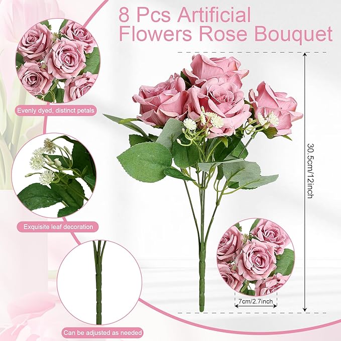 Artificial Roses Flower Dusty Rose Flowers - 8 Bundles Rose Bouquet Fake Silk Flowers Realistic Faux Florals Bulk for Wedding Bridal Party Baby Shower Arrangements Centerpieces Home Decorations