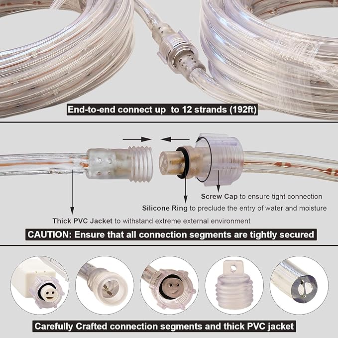 LED Rope Lights, 16ft Warm White Strip Lights, Connectable and Flexible Tape Lights with Fuse Holder, Clear Thick PVC Jacket and High Brightness Advanced LEDs, Waterproof for Indoor Outdoor Use