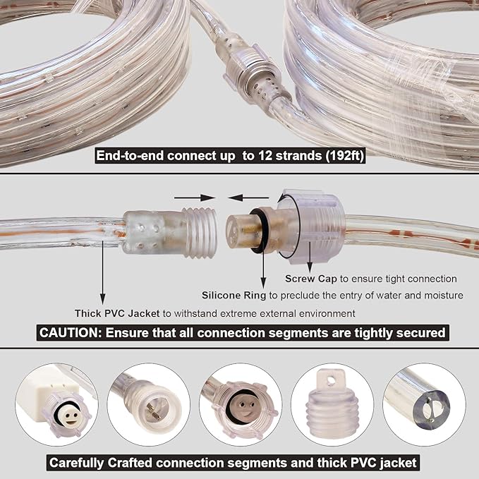 LED Rope Lights, 16ft Daylight White Strip Lights with Clear PVC Jacket, Connectable and Flexible, Waterproof for Indoor Outdoor use, 110V Plugin Tape Lighting with High Brightness 3528 LEDs