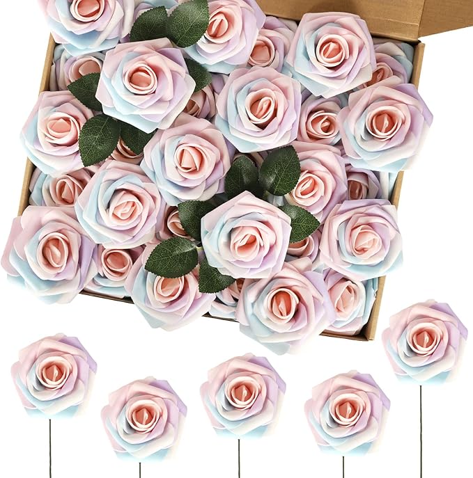 MACTING 60PCS Artificial Rose Flowers Real Touch Fake Flowers with Stem Foam Roses for DIY Wedding Bouquets Baby Shower Table Centerpieces Party Holiday Home Spring Mothers Day Decor(Light Rainbow)