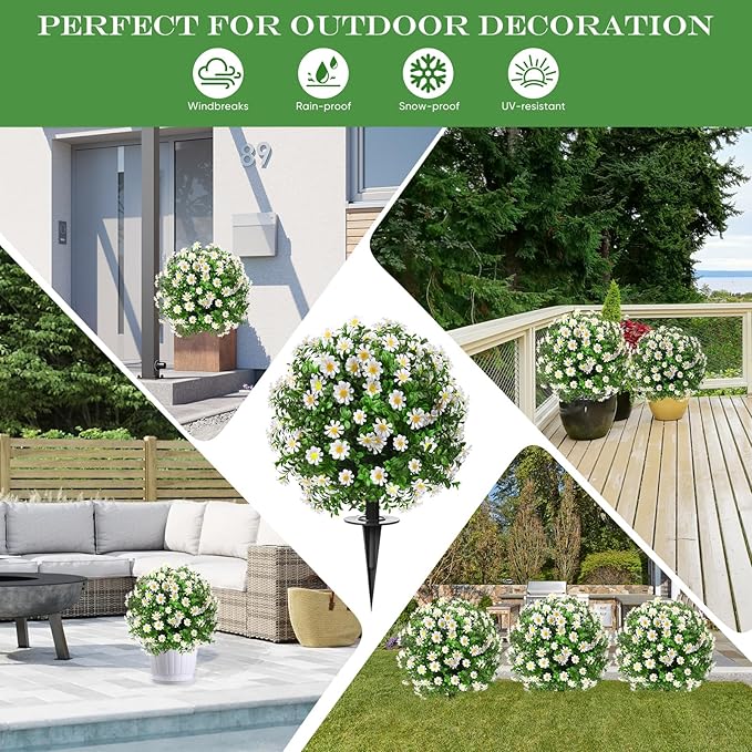 23" Set of 2 Artificial Boxwood Topiary Ball with Sunflower Flowers with Spikes for Outdoor, UV Resistant Faux Greenery Shrubs, Realistic Fake Bushes Plants for Garden, Yard, Front Porch, Patio Decor