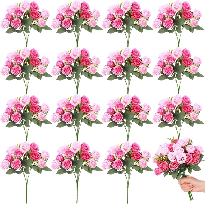 Zeyune 16 Bunches 12 Inch Artificial Mini Rose Bouquet 160 Heads Bridal Flower Bouquets Fake Silk Rose Bulk for Wedding Bridal Shower Christmas Home Office Garden Decoration(Hot Pink and Pink)
