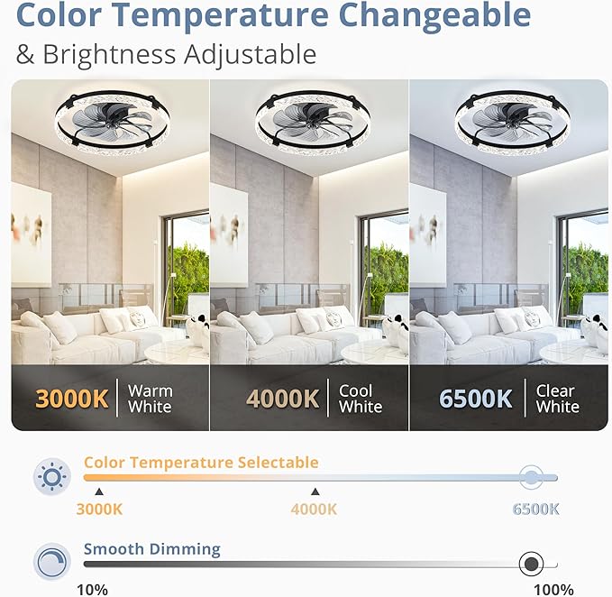 LEDIARY 24 Inch Ceiling Fans with Lights and Remote, Modern Dimmable Low Profile Ceiling Fan, Black Flush Mount Ceiling Fan with 3 CCT and 6 Speeds