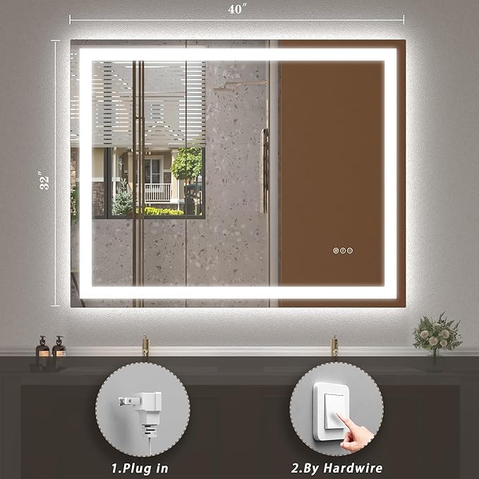 40x32 Smart Led Mirror for Bathroom, Dimmable Vanity Mirror with Lights, Backlit and Front Lit Makeup Mirror for Wall, Anti-Fog (Horizontal/Vertical)