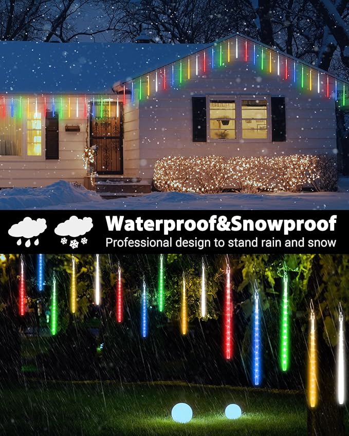 Joomer Christmas Lights Outdoor, 11.8 inch 10 Tubes 240 LED Meteor Shower Lights, LED Snow Falling Icicle Cascading Light with Timer Waterproof and Connectable for Christmas Decoration (Multicolor)