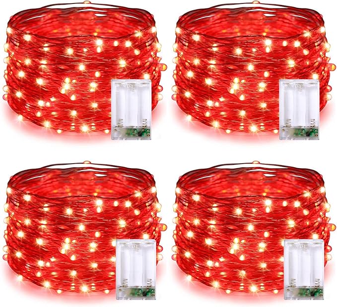 JMEXSUSS 4 Pack 50 LED Red Fairy Lights Battery Operated, 16.1ft Christmas Fairy Lights, Red String Lights for Bedroom Wedding Party Christmas Halloween Decorations