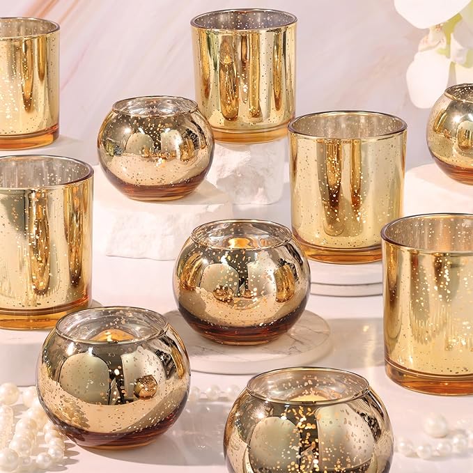 10 Pcs Assorted Gold Votive Candle Holders, Larger Size Mercury Glass Votives with Round Candle Holder for Wedding Decorations, Gold Tealight Candle Holder for Party Table Centerpieces