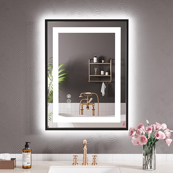 LED Bathroom Mirror,24"x32" Black Frame Led Mirror, Front Light and Backlit, Stepless Dimmable, Anti-Fog, Shatter-Proof, Memory, 3 Colors, Double LED Vanity Mirror