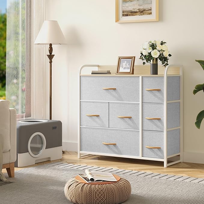 YITAHOME 7 Drawer Dresser, Storage Organizer with Shelves, Fabric Dresser, Chest of Drawers, Living Room, Closets, Sturdy Steel Frame, Wooden Top, Easy Pull Fabric Bins