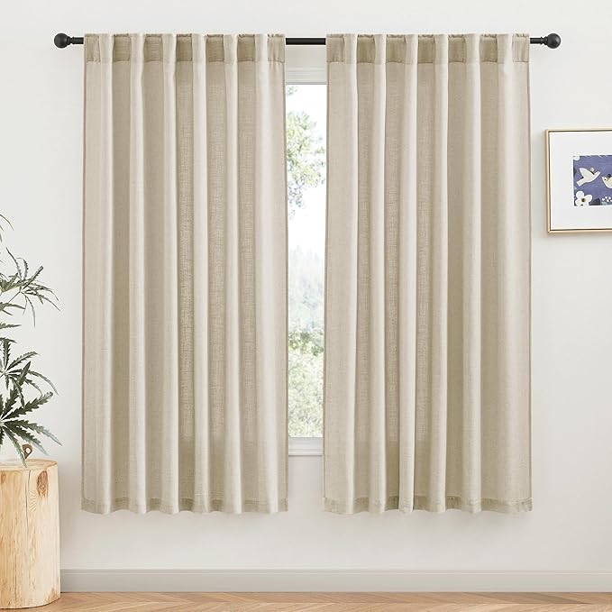 RYB HOME Linen Curtains 63 inch Length - Premium Flax Linen Material Soft Airy Breathable Semi Sheer Half Privacy Protected for Bathroom Girls Boys Bedroom Nursery, W 52 x L 63 inch, 2 Panels, Beige