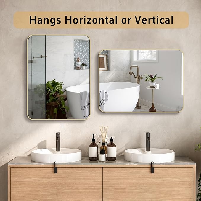 22"x30" Matte Gold Mirror for Wall, Brushed Metal Framed Rounded Corner Rectangular Mirror for Bathroom Vanity,Entryway,Living Room,Bedroom,Vertical or Horizontal