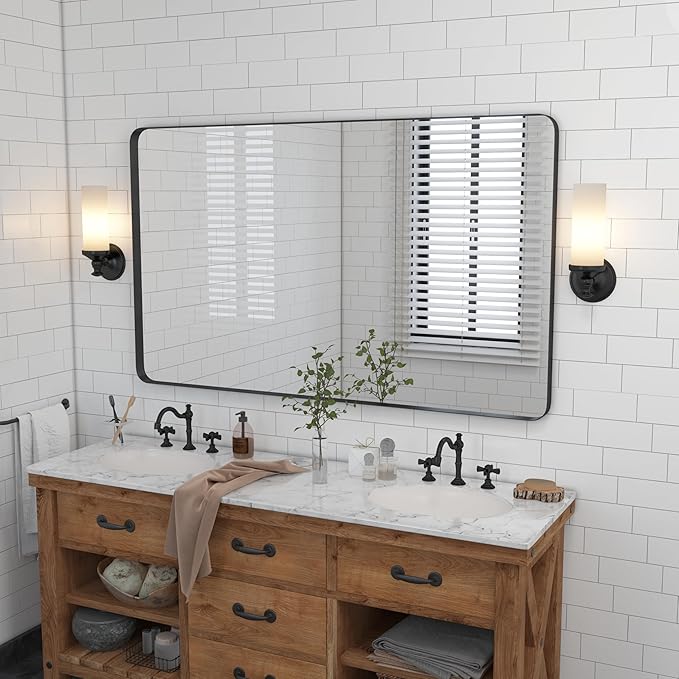 VocalStar 48 x 32 Inch Black Metal Framed Bathroom Mirror for Wall, Large Rounded Rectangle Matte Black Bathroom Vanity Mirror Farmhouse, 1/4-inch Shatterproof Glass | Ultra-Flush Hanging