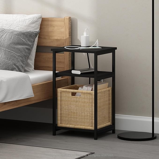 Furinno Moretti Side Table, 3-Tier End Table with Charging Station, Metal Frame Night Stand, Bedside Table with USB and Type-C Charging Port, for Living Room, Bedroom, Americano