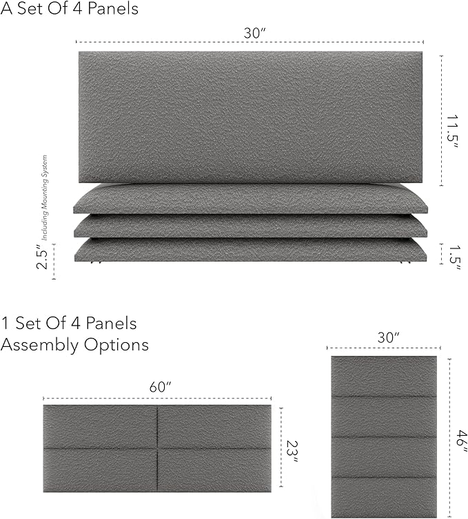 Vänt Upholstered Wall Panels - Queen/Full Size Wall Mounted Headboards - Boucle Grey - Set of 4 Panels (Each Individual Panel 30"x11.5")