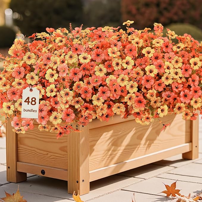 SHareconn 48 Bundles Artificial Fall Flowers for Outdoors Decoration, UV Resistant Silk Eucalyptus Lavender Faux Autumn Fake Plants for Outside Indoor Garden Yard Porch Home Decor, Autumn Orange-Red