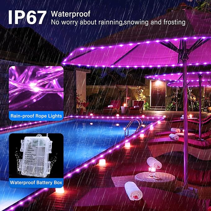 JMEXSUSS 2 Pack Pink Battery Operated Lights Outdoor Waterproof, Each 33ft 100 LED Rope Lights Battery Powered String Lights, 8 Modes Pink Fairy Lights for Valentines Party Garden Decoration