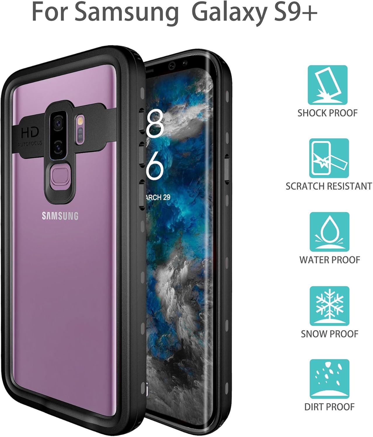 Galaxy S9+ Plus Waterproof Case with Built-in Screen Protector, Full Body Shockproof Rugged Case, Black