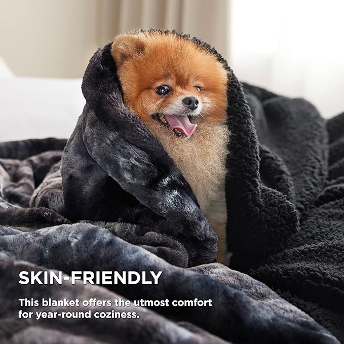 Bedsure GentleSoft Sherpa Fluffy Blanket King Size for Bed - Fleece Warm and Cozy for Women Gift, Plush & Fuzzy Faux Christmas Fur Blanket for Couch, Sofa Decor, Tie Dye Design, Black, 108x90 Inches
