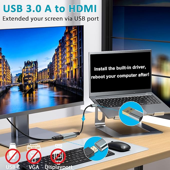 Herfair USB to HDMI Adapter, USB 3.0 A Male to HDMI Female Converter for Laptop/PC to 1080P Monitor TV Screen Projector, Support MacOS & Windows 11/10/8.1/8/7, Driver Install Required