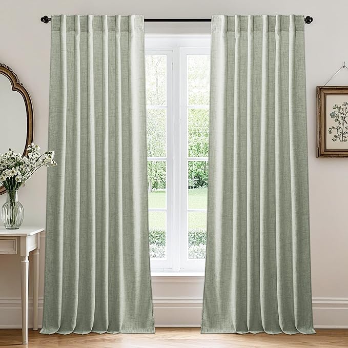 RYB HOME Linen Sheer Curtains and Drapes for Living Room and Dining Room 96 inches Length, Breathable Back Tab/Rod Pocket Semi Sheer Curtains, Sage Green, W 52 x L 96 inches, 2 Panels Set