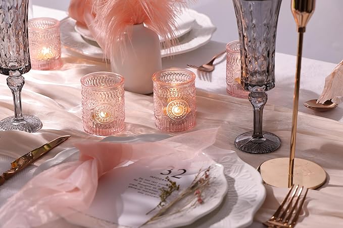 DEVI 24pcs Pink Votive Candle Holders for Table Centerpieces, Glass Tea Lights Candle Holder, Wedding Shower Decorations, Baby Shower Decorations, Valentine Party Centerpieces Table Decoration