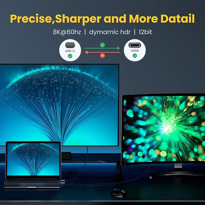 8K USB C to HDMI Adapter, Type-C Male to HDMI 2.1 Female Cable, (8K@60Hz,4K@120Hz,4K@30Hz,,2K@240Hz) ,Thunderbolt 4/3 HDR HDCP 2.3, for MacBook Pro/Air,iPad Pro,XPS,S22,iPhone 15 Series Galaxy S23