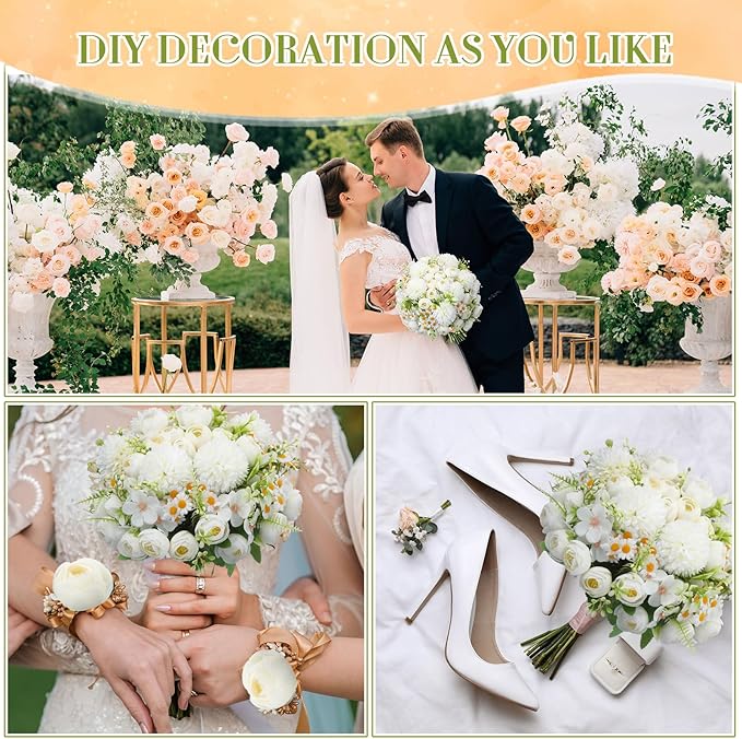 Tigeen 12 Bundles Peonies Artificial Flowers Faux Roses Silk Flowers Hydrangea Artificial Bouquet for Wedding Table Centerpiece Floral Vase Home Office Bridal Decor (Pure White)