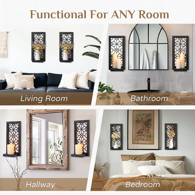 Black Candle Sconces Wall Decor - Gothic Wood Candle Shelves Decor for Plant Display - Halloween Wall Candle Holder Vintage Sconces for Office Fireplace Window Hallway