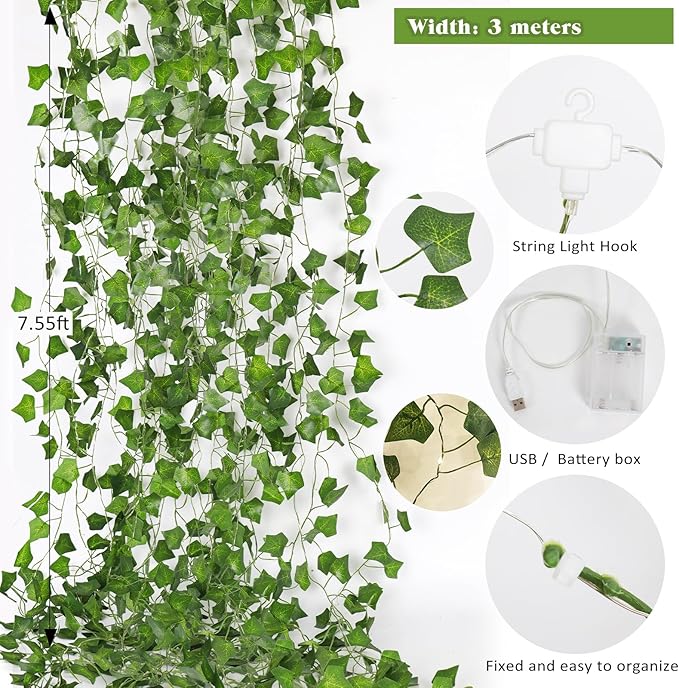 RECUTMS 118 Inches Plant Garland Hanging Vines with Lights LED Strings Artificial Ivy Fake Greenery Leaf Plants Faux Silk Green Leaves Plastic Flower for Party Room Patio Wall Bedroom Outdoor Decor