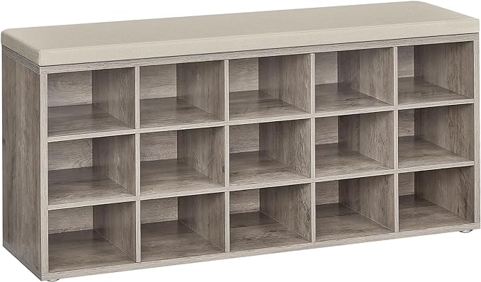 VASAGLE CUSTOS Collection - Shoe Bench, Storage Bench with Padded Seat, Entryway Bench with 15 Compartments, for Bedroom, 11.8 x 41.3 x 18.9 Inches, Heather Greige and Cappuccino Beige ULHS015K01