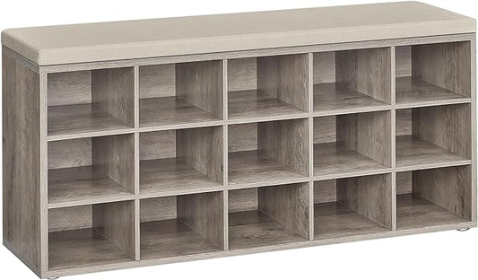 VASAGLE CUSTOS Collection - Shoe Bench, Storage Bench with Padded Seat, Entryway Bench with 15 Compartments, for Bedroom, 11.8 x 41.3 x 18.9 Inches, Heather Greige and Cappuccino Beige ULHS015K01