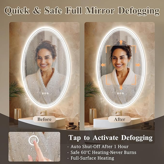 24''x36'' Oval Lighted Mirrors for Bathroom Wall Backlit + Front Lit, Oval LED Bathroom Mirror Frameless with Lights Anti Fog, Dimmable, 3 Colors,Tempered Glass, Shatter-Proof