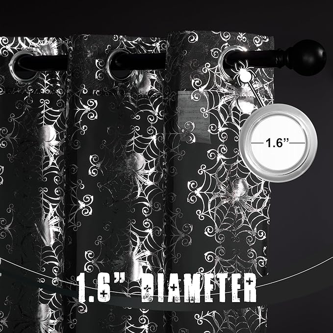 NICETOWN Black Sheer Halloween Curtains with Silver Spider Foil Print, Grommet Flowing Voile Sheer Window Treatment for Gothic Bedroom, W54 x L84, 2 Panels