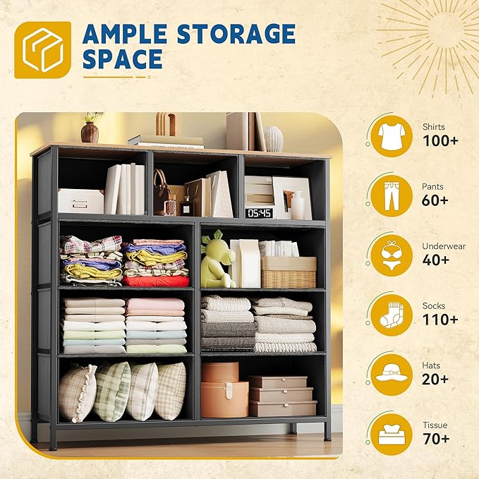 DWVO Dresser with 9 Drawers, Fabric Storage Dresser, Chest of Drawers, Storage Tower Organizer Unit for Living Room, Closets(Dark Grey)