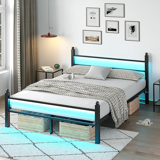 Queen Bed Frame with Headboard and Footboard, Metal Bed Frame with Charging Station and LED Lights, Under Bed Storage, No Box Spring Needed,Noise Free, Black