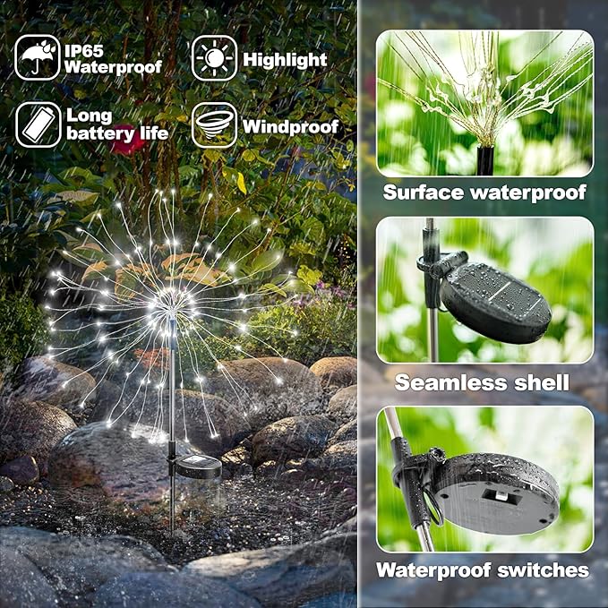 Anordsem Solar Garden Lights Outdoor: Bendable Copper Wire with 120 LED Firework Beads - Waterproof 2 White Lighting Modes for Yard Patio Path - Gardening Gifts for Homeowner Gardener